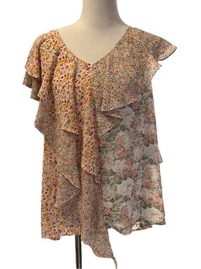 4/$30 Floral Mixed-Print Ruffle Tank Top - Pink size medium